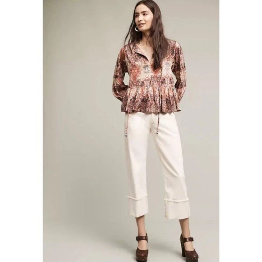 Anthropologie RAGA NWT Evalona Paisley Boho Blouse Peasant Red Bell Sleeve Top - Picture 2 of 9